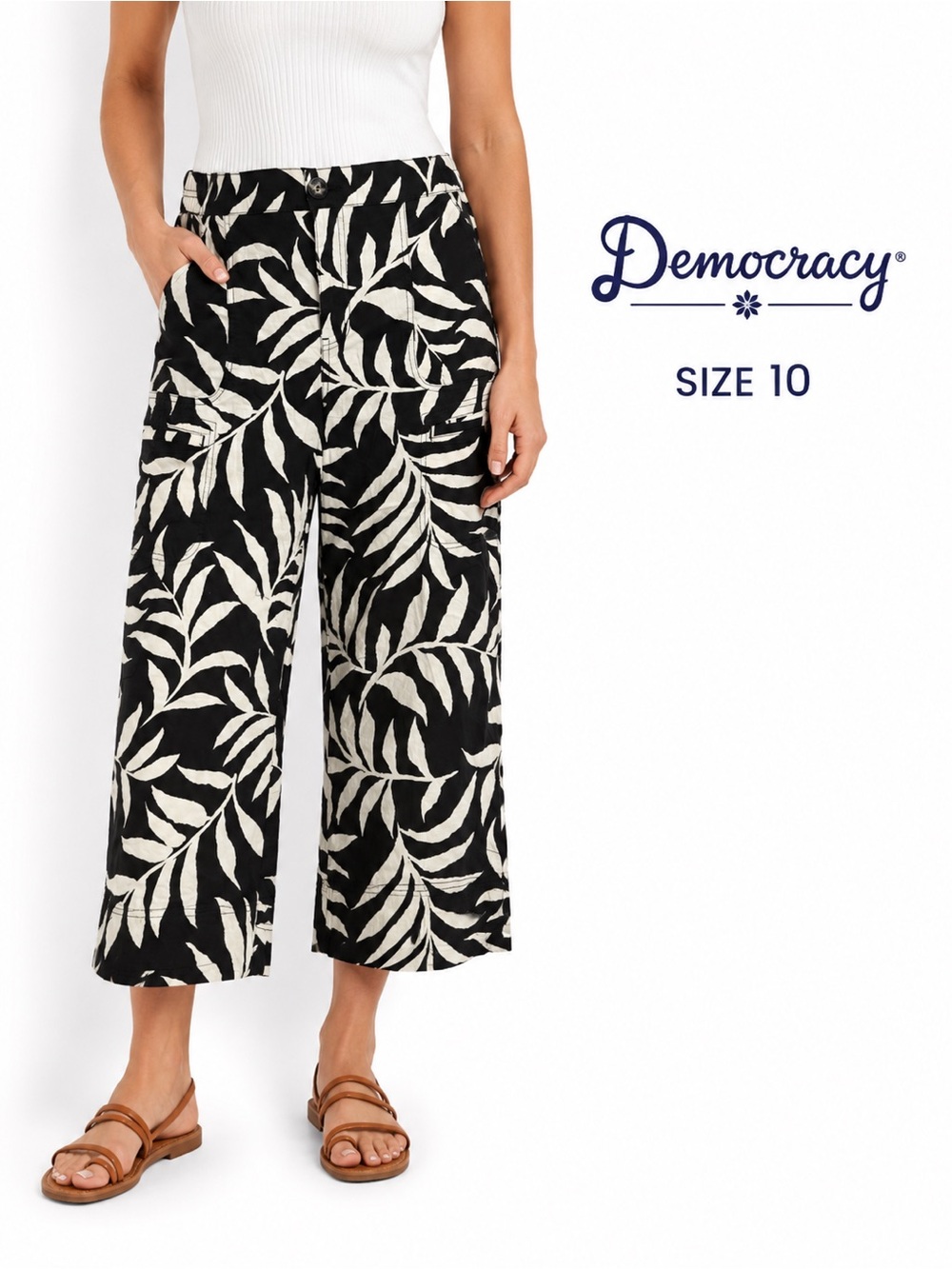 Democracy Black White Tropical Leaf Wide Leg Crop cotton Cottagecore Pants/10